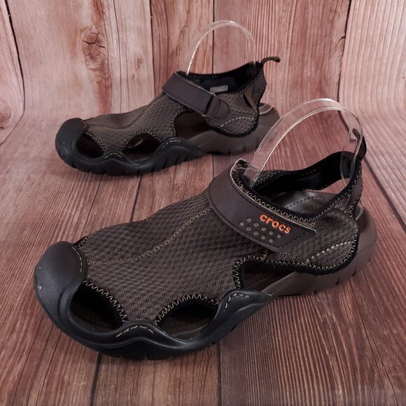 Crocs Swiftwater Mens Sz 11 Brown Mesh Closed Toe Deck Sandals Water Shoes 15041 - Picture 1 of 14